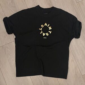 AllSaints Black T-Shirt with Gold Logo Unisex Oversized Small